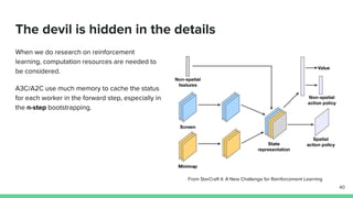 The devil is hidden in the details
When we do research on reinforcement
learning, computation resources are needed to
be considered.
A3C/A2C use much memory to cache the status
for each worker in the forward step, especially in
the n-step bootstrapping.
40
From StarCraft II: A New Challenge for Reinforcement Learning
 