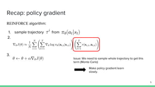Recap: policy gradient
REINFORCE algorithm:
1. sample trajectory from
2.
3.
Issue: We need to sample whole trajectory to get this
term (Monte Carlo)
Make policy gradient learn
slowly.
5
 