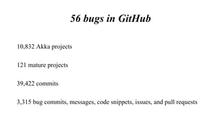 56 bugs in GitHub
10,832 Akka projects
121 mature projects
39,422 commits
3,315 bug commits, messages, code snippets, issues, and pull requests
 
