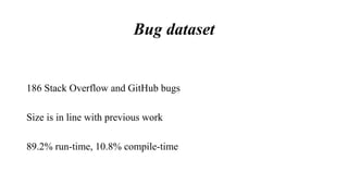 Bug dataset
186 Stack Overflow and GitHub bugs
Size is in line with previous work
89.2% run-time, 10.8% compile-time
 