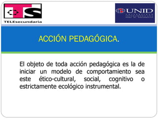 ACCIÓN PEDAGÓGICA . El objeto de toda acción pedagógica es la de iniciar un modelo de comportamiento sea este ético-cultural, social, cognitivo o estrictamente ecológico instrumental. 