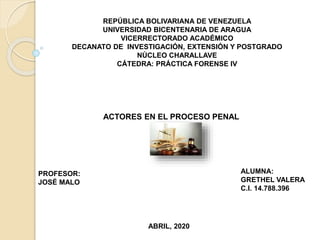 REPÚBLICA BOLIVARIANA DE VENEZUELA
UNIVERSIDAD BICENTENARIA DE ARAGUA
VICERRECTORADO ACADÉMICO
DECANATO DE INVESTIGACIÓN, EXTENSIÓN Y POSTGRADO
NÚCLEO CHARALLAVE
CÁTEDRA: PRÁCTICA FORENSE IV
ACTORES EN EL PROCESO PENAL
PROFESOR:
JOSÉ MALO
ALUMNA:
GRETHEL VALERA
C.I. 14.788.396
ABRIL, 2020
 