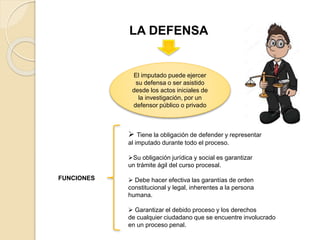 LA DEFENSA
El imputado puede ejercer
su defensa o ser asistido
desde los actos iniciales de
la investigación, por un
defensor público o privado
FUNCIONES
 Tiene la obligación de defender y representar
al imputado durante todo el proceso.
Su obligación jurídica y social es garantizar
un trámite ágil del curso procesal.
 Debe hacer efectiva las garantías de orden
constitucional y legal, inherentes a la persona
humana.
 Garantizar el debido proceso y los derechos
de cualquier ciudadano que se encuentre involucrado
en un proceso penal.
 