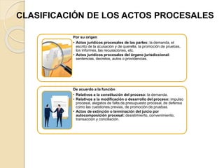 CLASIFICACIÓN DE LOS ACTOS PROCESALES
Por su origen
• Actos jurídicos procesales de las partes: la demanda, el
escrito de la acusación y de querella, la promoción de pruebas,
los informes, las recusaciones, etc.
• Actos jurídicos procesales del órgano jurisdiccional:
sentencias, decretos, autos o providencias.
De acuerdo a la función
• Relativos a la constitución del proceso: la demanda.
• Relativos a la modificación o desarrollo del proceso: impulso
procesal, alegatos de falta de presupuesto procesal, de defensa
como las cuestiones previas, de promoción de pruebas.
• Actos de extinción o terminación del juicio por
autocomposición procesal: desistimiento, convenimiento,
transacción y conciliación.
 