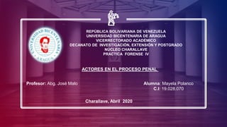 REPÚBLICA BOLIVARIANA DE VENEZUELA
UNIVERSIDAD BICENTENARIA DE ARAGUA
VICERRECTORADO ACADÉMICO
DECANATO DE INVESTIGACIÓN, EXTENSIÓN Y POSTGRADO
NÚCLEO CHARALLAVE
PRACTICA FORENSE IV
Profesor: Abg. José Malo Alumna: Mayela Polanco
C.I: 19.028.070
Charallave, Abril 2020
ACTORES EN EL PROCESO PENAL
 