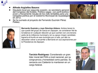 Alfredo Argüelles Basave :  Diputado local por segunda ocasión, ex secretario general del Congreso del Estado. Político sagaz, con perfil político joven y físicamente resulta de los más rentables para una campaña política por el Gobierno Municipal de Guadalajara en 2012.  Se ha sumado al proyecto de Fernando Guzmán Pérez Peláez.  Bernardo Guzmán y Juan Sánchez Aldana:  Ambos tienen lo que quedó del grupo de Garza en Zapopan, se consideran fiel de la balanza en cualquier elección ya que cuentan con una tercera parte de la militancia municipal y sin su apoyo ningún candidato lograría el triunfo en ese municipio por sí solo, por ello no descartan volver a encarrilar a Bernardo en sus aspiraciones por la Presidencia de Zapopan. Tarcisio Rodríguez:  Considerado un gran líder moral del PAN a nivel nacional, por su congruencia y honestidad como panista. Su cercanía con Calderón lo mantienen en un cargo federal. 