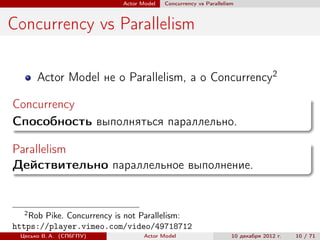 Actor Model   Concurrency vs Parallelism



Concurrency vs Parallelism

      Actor Model не о Parallelism, а о Concurrency2

Concurrency
Способность выполняться параллельно.

Parallelism
Действительно параллельное выполнение.


  2
   Rob Pike. Concurrency is not Parallelism:
https://player.vimeo.com/video/49718712
 Цесько В. А. (СПбГПУ)            Actor Model                     10 декабря 2012 г.   10 / 71
 