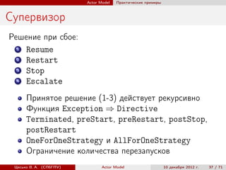 Actor Model   Практические примеры



Супервизор
Решение при сбое:
  1 Resume
  2 Restart
  3 Stop
  4 Escalate
      Принятое решение (1-3) действует рекурсивно
      Функция Exception ⇒ Directive
      Terminated, preStart, preRestart, postStop,
      postRestart
      OneForOneStrategy и AllForOneStrategy
      Ограничение количества перезапусков
 Цесько В. А. (СПбГПУ)          Actor Model                   10 декабря 2012 г.   37 / 71
 