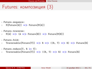 Futures and Promises   Аkka Futures



Futures: композиция (3)

1   Future.sequence:
2     M[Future[A]] => Future[M[A]]

1   Future.traverse:
2     M[A] => (A => Future[B]) => Future[M[B]]

1   Future.fold:
2     Traversable[Future[T]] => R => ((R, T) => R) => Future[R]

1   Future.reduce[T, R >: T]:
2     Traversable[Future[T]] => ((R, T) => R) => Future[R]




     Цесько В. А. (СПбГПУ)                  Actor Model            10 декабря 2012 г.   53 / 71
 