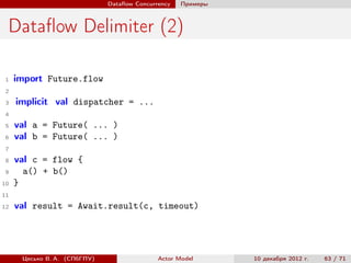 Dataﬂow Concurrency   Примеры



 Dataﬂow Delimiter (2)

 1   import Future.flow
 2
 3   implicit val dispatcher = ...
 4
 5   val a = Future( ... )
 6   val b = Future( ... )
 7
 8   val c = flow {
 9     a() + b()
10   }
11
12   val result = Await.result(c, timeout)




      Цесько В. А. (СПбГПУ)                  Actor Model      10 декабря 2012 г.   63 / 71
 