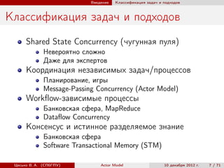 Введение   Классификация задач и подходов



Классификация задач и подходов
      Shared State Concurrency (чугунная пуля)
              Невероятно сложно
              Даже для экспертов
      Координация независимых задач/процессов
              Планирование, игры
              Message-Passing Concurrency (Actor Model)
      Workﬂow-зависимые процессы
              Банковская сфера, MapReduce
              Dataﬂow Concurrency
      Консенсус и истинное разделяемое знание
              Банковская сфера
              Software Transactional Memory (STM)

 Цесько В. А. (СПбГПУ)          Actor Model                  10 декабря 2012 г.   7 / 71
 