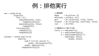 例：排他実⾏
19
sem = rec(λb.λh.λm.
if(get?(m),
if(h = nil,
seq(send(cust(m), true),
ready(b(cust(m)))),
seq(send(cust(m), false),
ready(b(h))),
if(release?(m),
ready(b(nil)),
ready(b(h)))))
customer = rec(λb.λself.λs.λm.
seq(if(m,
seq(/* critical section */,
send(s, mkrelease(self))),
send(s, mkget(self))),
ready(b(self)(s))))
// 補助関数
mkget = λh.pr(true, h)
mkrelease = pr(false, nil)
get? = λm.if(ispr?(m), 1st(m), false)
release? = λm.if(ispr?(m), not(1st(m)), false)
cust = λm.2nd(m)
// 消費者が2⼈で実⾏する例
letrec s = new(sem(nil)),
a = new(customer(a)(s)),
b = new(customer(b)(s)) in
seq(send(a, false),
send(b, false))
 