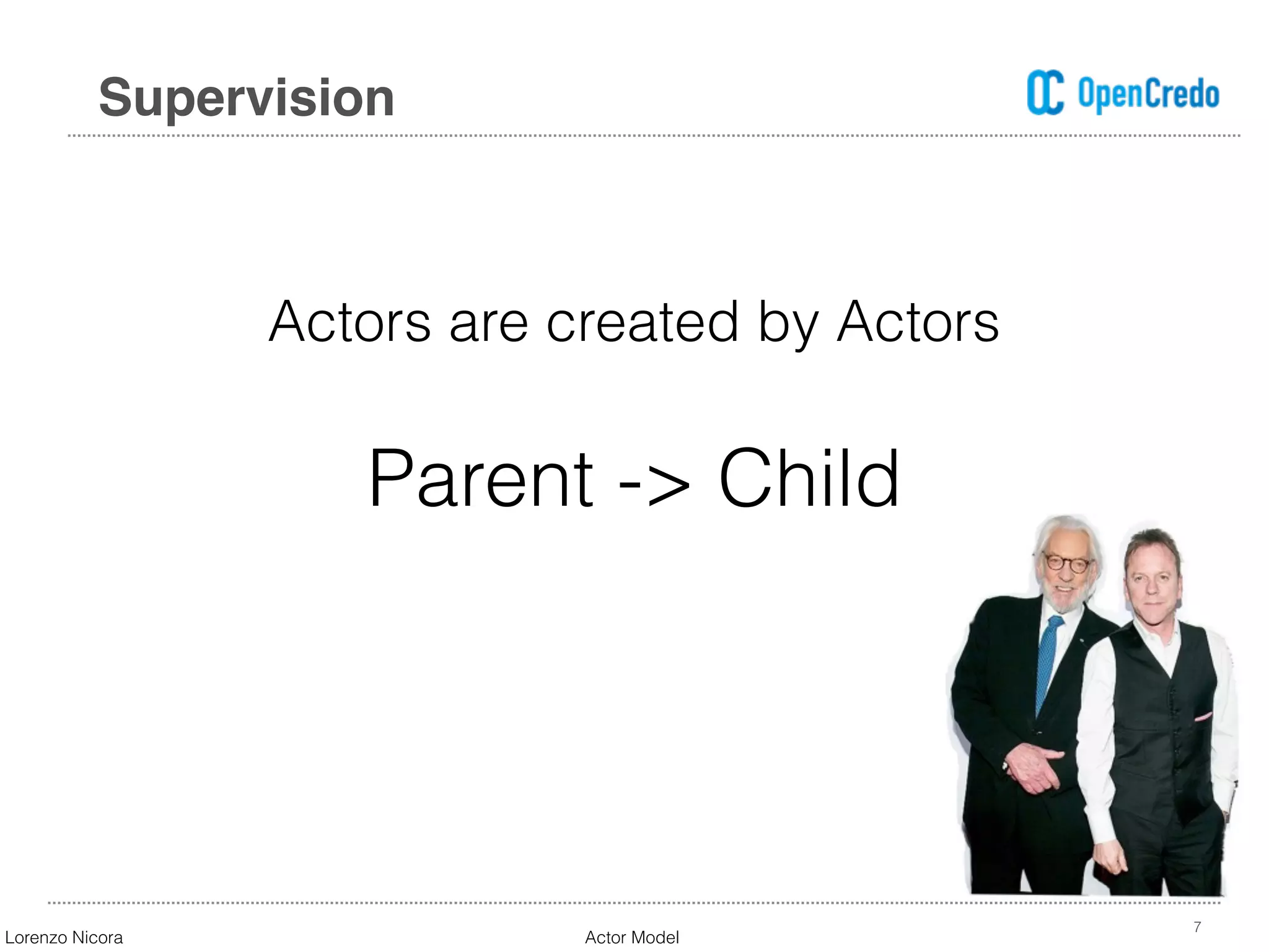 7
Supervision
Actors are created by Actors  
Parent -> Child
Lorenzo Nicora Actor Model
 