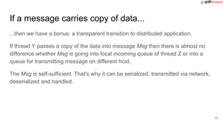 If a message carries copy of data...
...then we have a bonus: a transparent transition to distributed application.
If thre...