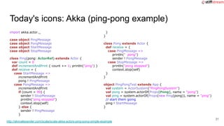 Today's icons: Akka (ping-pong example)
import akka.actor._
case object PingMessage
case object PongMessage
case object St...