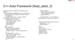 C++ Actor Framework (fixed_stack, 2)
class fixed_stack : public event_based_actor {
public:
fixed_stack(actor_config& cfg,...