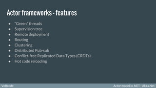 Actor model in .NET - Akka.NetVoltcode
Actor frameworks - features
● “Green” threads
● Supervision tree
● Remote deployment
● Routing
● Clustering
● Distributed Pub-sub
● Conflict-free Replicated Data Types (CRDTs)
● Hot code reloading
 