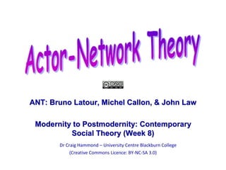 ANT: Bruno Latour, Michel Callon, & John Law 
Modernity to Postmodernity: Contemporary 
Social Theory (Week 8) 
Dr Dr Craig Hammond – University Centre Blackburn College 
(Creative Commons Licence: BY-NC-SA 3.0) 
 