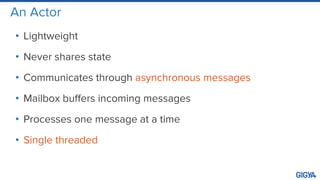 An Actor
• Lightweight
• Never shares state
• Communicates through asynchronous messages
• Mailbox buffers incoming messages
• Processes one message at a time
• Single threaded
 