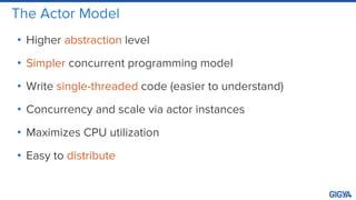 The Actor Model
• Higher abstraction level
• Simpler concurrent programming model
• Write single-threaded code (easier to understand)
• Concurrency and scale via actor instances
• Maximizes CPU utilization
• Easy to distribute
 