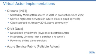 Virtual Actor Implementations
• Orleans (.NET)
• Started by Microsoft Research in 2011, in production since 2012
• Service high scale services on Azure (Halo 4 cloud services)
• Open sourced in January 2015, active community
• Orbit (Java)
• Developed by BioWare (division of Electronic Arts)
• Inspired by Orleans (“not a port but a re-write”)
• Powering online game services
• Azure Service Fabric (Reliable Actors)
 