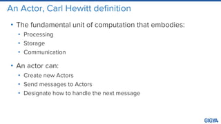 An Actor, Carl Hewitt definition
• The fundamental unit of computation that embodies:
• Processing
• Storage
• Communication
• An actor can:
• Create new Actors
• Send messages to Actors
• Designate how to handle the next message
 