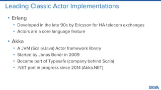 Leading Classic Actor Implementations
• Erlang
• Developed in the late 90s by Ericsson for HA telecom exchanges
• Actors are a core language feature
• Akka
• A JVM (Scala/Java) Actor framework library
• Started by Jonas Bonér in 2009
• Became part of Typesafe (company behind Scala)
• .NET port in progress since 2014 (Akka.NET)
 