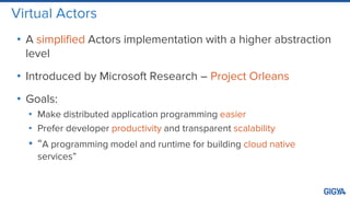 Virtual Actors
• A simplified Actors implementation with a higher abstraction
level
• Introduced by Microsoft Research – Project Orleans
• Goals:
• Make distributed application programming easier
• Prefer developer productivity and transparent scalability
• “A programming model and runtime for building cloud native
services”
 