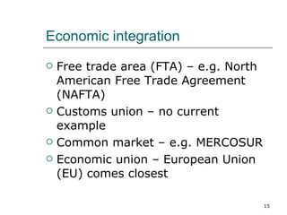 Economic integration Free trade area (FTA) – e.g. North American Free Trade Agreement (NAFTA) Customs union – no current example Common market – e.g. MERCOSUR Economic union – European Union (EU) comes closest 