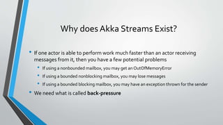 Why does Akka Streams Exist?
• If one actor is able to perform work much faster than an actor receiving
messages from it, then you have a few potential problems
• If using a nonbounded mailbox, you may get an OutOfMemoryError
• If using a bounded nonblocking mailbox, you may lose messages
• If using a bounded blocking mailbox, you may have an exception thrown for the sender
• We need what is called back-pressure
 