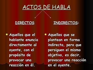 ACTOS DE HABLA DIRECTOS Aquellos que el hablante enuncia directamente al oyente, con el propósito de provocar una reacción en él. INDIRECTOS : Aquellos que se plantean en forma indirecta, pero que persiguen el mismo objetivo, es decir, provocar una reacción en el oyente.
