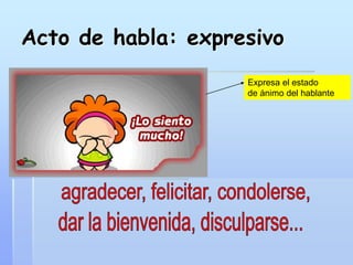 Acto de habla: expresivo
Expresa el estado
de ánimo del hablante