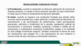 RESOLUCIONES JUDICIALES CIVILES
• a) Providencias, cuando la resolución se dicte por aplicación de normas de
impulso procesal, y cuando el tema procesal resuelto no exija motivación.
En todo caso se citara el fundamento de derecho aplicable.
• b) Autos, cuando se requiera una resolución fundada que decida sobre
recursos contra providencias, sobre admisión o inadmisión de demanda, de
reconvención y de acumulación de pretensiones, sobre presupuestos
procesales, admisión o inadmisión de la prueba, aprobación judicial de
transacciones y convenios, medidas cautelares, nulidad o validez de las
actuaciones y cualesquiera cuestiones incidentales, tengan o no señalada
en este Código tramitación especial. También revestirán la forma de auto
las resoluciones que pongan fin a las actuaciones de una instancia o
recurso antes de que concluya su tramitación ordinaria.
 