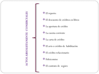  El reporto
 El descuento de créditos en libros
 La apertura de crédito
 La cuenta corriente
 La carta de crédito
 El avío o crédito de habilitación
 El crédito refaccionario
 Fideicomiso
 El contrato de seguro
 