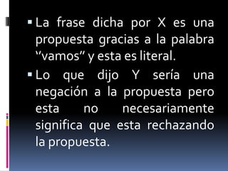 La frase dicha por X es una propuesta gracias a la palabra ‘’vamos’’ y esta es literal.Lo que dijo Y sería una negación a la propuesta pero esta no necesariamente significa que esta rechazando la propuesta.