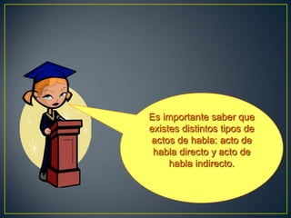 Es importante saber que
existes distintos tipos de
actos de habla: acto de
 habla directo y acto de
     habla indirecto.
 