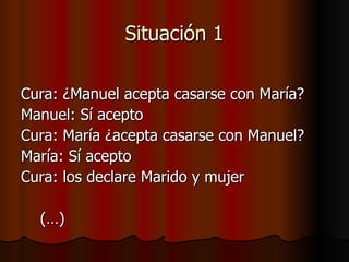 Situación 1 Cura: ¿Manuel acepta casarse con María? Manuel: Sí acepto Cura: María ¿acepta casarse con Manuel? María: Sí acepto Cura: los declare Marido y mujer (…) 