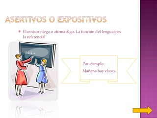 El emisor niega o afirma algo. La función del lenguaje es la referencial Por ejemplo:  Mañana hay clases . 