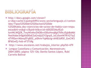 http://docs.google.com/viewer?a=v&q=cache:CqxAnpib9fIJ:www.sectorlenguaje.cl/contenidos/Tipos%2520de%2520actos%2520de%2520habla.doc+ejercicios+de+actos+de+habla+con+respuestas&hl=es&gl=cl&pid=bl&srcid=ADGEESi6ufEyS-IsmWLWQZR_TwyWlnKwZNOBvvO0lxHwq8gX7k9xJEgb8sMbl9xelXobe3r0gAlbD0oEZaGndjUZYZgnp5_lsCs5smW7R1GTIyZ47YRSerriK6wyEFqBD2_ai0hmrYqM&sig=AHIEtbR5f_GwCW38F6GwEj-hob-eF3Ts9g http://www.escolares.net/trabajos_interior.php?Id=479 Lengua Castellana y Comunicación; Marenostrum; 2004-2005; página 125-126; Danilo Santos López, Rubí Carreño Bolívar 