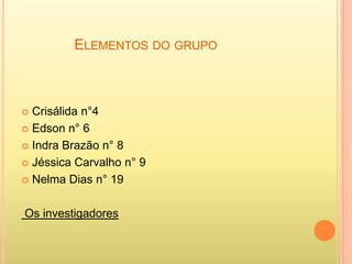 ELEMENTOS DO GRUPO



 Crisálida n°4
 Edson n° 6

 Indra Brazão n° 8

 Jéssica Carvalho n° 9

 Nelma Dias n° 19



Os investigadores
 