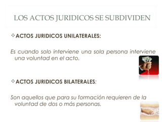 LOS ACTOS JURIDICOS SE SUBDIVIDEN
ACTOS JURIDICOS UNILATERALES:
Es cuando solo interviene una sola persona interviene
una voluntad en el acto.
ACTOS JURIDICOS BILATERALES:
Son aquellos que para su formación requieren de la
voluntad de dos o más personas.
 