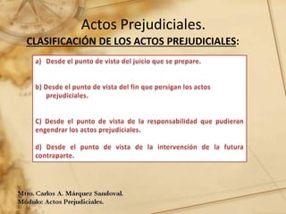 Actos Prejudiciales.
CLASIFICACIÓN DE LOS ACTOS PREJUDICIALES:
 