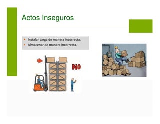 Actos Inseguros
Instalar carga de manera incorrecta.
Almacenar de manera incorrecta.
 