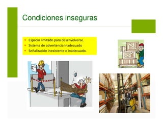 Condiciones inseguras
Espacio limitado para desenvolverse.
Sistema de advertencia Inadecuado
Señalización inexistente o inadecuado.
 