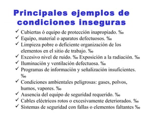  Cubiertas ó equipo de protección inapropiado. ‰
 Equipo, material o aparatos defectuosos. ‰
 Limpieza pobre o deficiente organización de los
elementos en el sitio de trabajo. ‰
 Excesivo nivel de ruido. ‰ Exposición a la radiación. ‰
 Iluminación y ventilación defectuosa. ‰
 Programas de información y señalización insuficientes.
‰
 Condiciones ambientales peligrosas: gases, polvos,
humos, vapores. ‰
 Ausencia del equipo de seguridad requerido. ‰
 Cables eléctricos rotos o excesivamente deteriorados. ‰
 Sistemas de seguridad con fallas o elementos faltantes ‰
Principales ejemplos de
condiciones inseguras
 