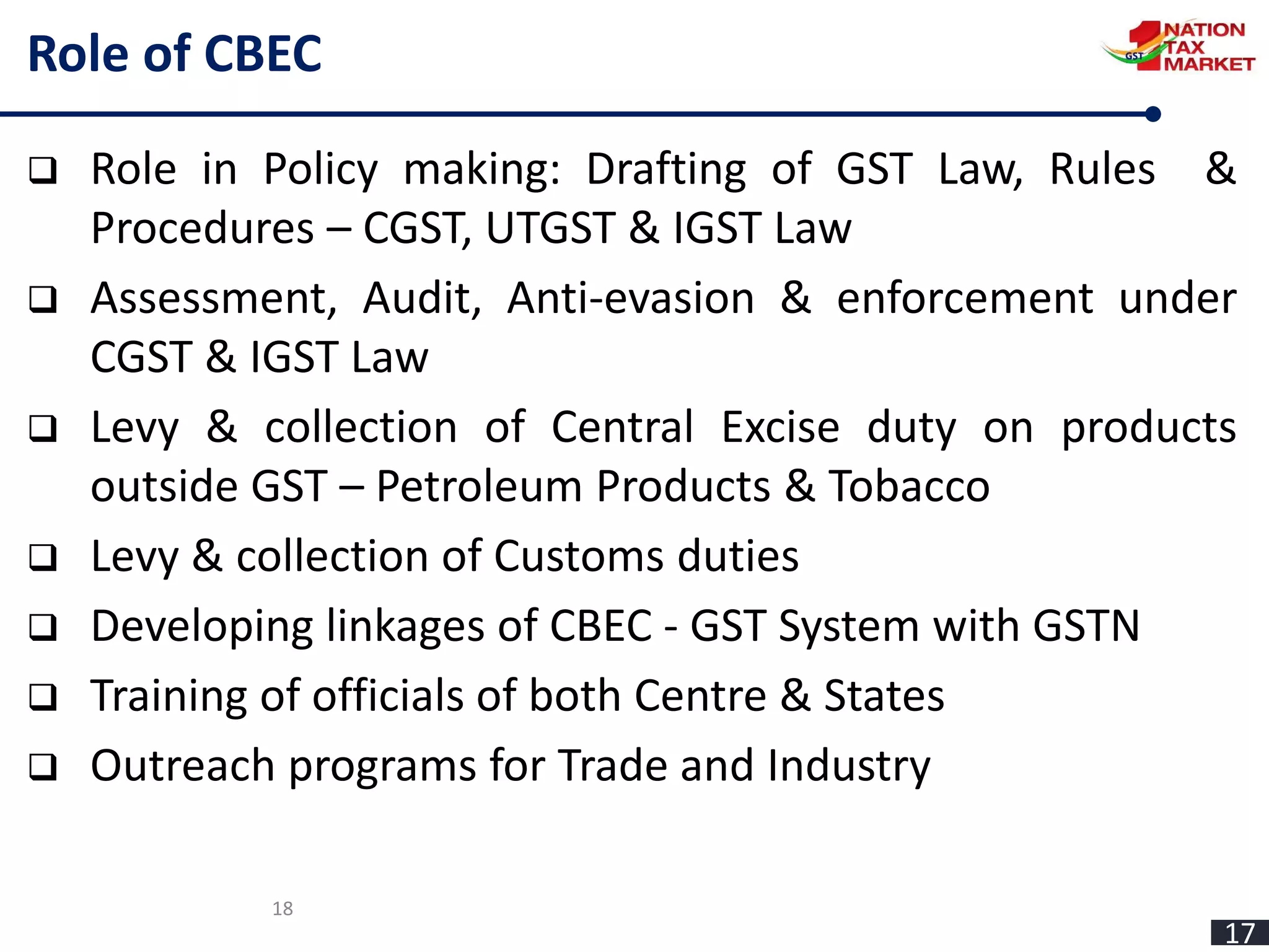 18
Role of CBEC
 Role in Policy making: Drafting of GST Law, Rules &
Procedures – CGST, UTGST & IGST Law
 Assessment, Audit, Anti-evasion & enforcement under
CGST & IGST Law
 Levy & collection of Central Excise duty on products
outside GST – Petroleum Products & Tobacco
 Levy & collection of Customs duties
 Developing linkages of CBEC - GST System with GSTN
 Training of officials of both Centre & States
 Outreach programs for Trade and Industry
17
 