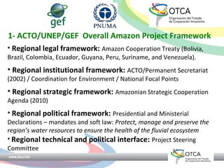 1- ACTO/UNEP/GEF Overall Amazon Project Framework
• Regional legal framework: Amazon Cooperation Treaty (Bolivia,
Brazil, Colombia, Ecuador, Guyana, Peru, Suriname, and Venezuela).

• Regional institutional framework: ACTO/Permanent Secretariat
(2002) / Coordination for Environment / National Focal Points

• Regional strategic framework: Amazonian Strategic Cooperation
Agenda (2010)

• Regional political framework: Presidential and Ministerial

Declarations – mandates and soft law: Protect, manage and preserve the
region’s water resources to ensure the health of the fluvial ecosystem
• Regional technical and political interface: Project Steering
Committee

 