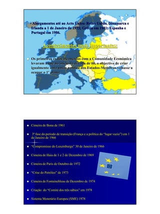 - Alargamentos até ao Acto Único: Reino Unido, Dinamarca e
 Irlanda a 1 de Janeiro de 1973; Grécia em 1981; Espanha e
 Portugal em 1986.


        Acontecimentos mais Importantes:

Os primeiros êxitos alcançados com a Comunidade Económica
levaram a que no inicio da década de 60, o objectivo de criar
igualmente uma união política dos Estados-Membros voltasse a
                                  Estados-
ocupar o 1º plano;




Cimeira de Bona de 1961

 3ª fase do período de transição (França e a política do “lugar vazio”) em 1
de Janeiro de 1966

“Compromisso do Luxemburgo” 30 de Janeiro de 1966

Cimeira de Haia de 1 e 2 de Dezembro de 1969

Cimeira de Paris de Outubro de 1972

“Crise do Petróleo” de 1973

Cimeira de Fontainebleau de Dezembro de 1974

Criação do “Comité dos três sábios” em 1978

Sistema Monetário Europeu (SME) 1978
 