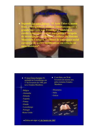 O Acto Único Europeu

Segundo Jacques Delors: “O Acto Único é, numa
frase, a obrigação de realizar simultaneamente o
grande mercado sem fronteiras e também, a
coesão económica e social, uma política europeia
de investigação e tecnologia, o reforço do Sistema
Monetário Europeu, o começo de um espaço social
europeu e de acções significativas em relação ao
meio ambiente”.




  O Acto Único Europeu foi             E em Haia, em 28 de
  assinado no Luxemburgo em            Fevereiro do mesmo ano,
  17 de Fevereiro de 1986, por         pelos restantes Estados-
  nove Estados-Membros:                Membros:


- Bélgica                           - Dinamarca
- Alemanha                          - Itália
- Holanda                           - Grécia
- Espanha
- França
- Irlanda
- Luxemburgo
- Portugal
-Reino Unido



   Entrou em vigor a 1 de Janeiro de 1987
 
