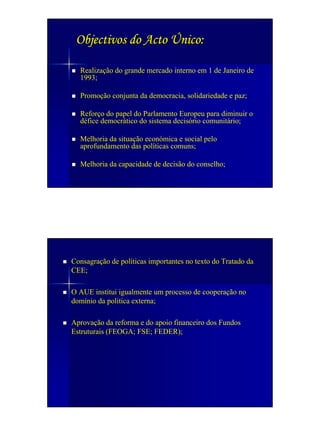 Objectivos do Acto Único:

  Realização do grande mercado interno em 1 de Janeiro de
  1993;

  Promoção conjunta da democracia, solidariedade e paz;

  Reforço do papel do Parlamento Europeu para diminuir o
  défice democrático do sistema decisório comunitário;

  Melhoria da situação económica e social pelo
  aprofundamento das políticas comuns;

  Melhoria da capacidade de decisão do conselho;




Consagração de políticas importantes no texto do Tratado da
CEE;

O AUE institui igualmente um processo de cooperação no
domínio da politica externa;

Aprovação da reforma e do apoio financeiro dos Fundos
Estruturais (FEOGA; FSE; FEDER);
 